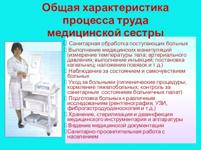 Санитарная обработка поступающих больных Выполнение медицинских манипуляций (измерение температуры тела; артериального