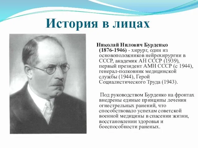 История в лицах Николай Нилович Бурденко (1876-1946) - хирург, один из