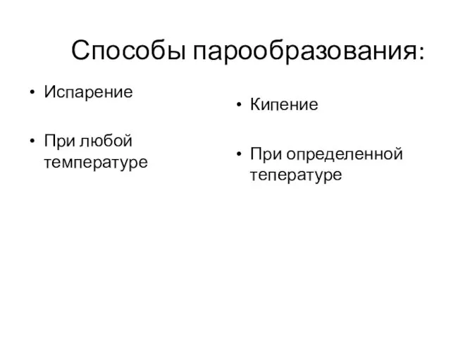 Способы парообразования: Испарение При любой температуре Кипение При определенной тепературе