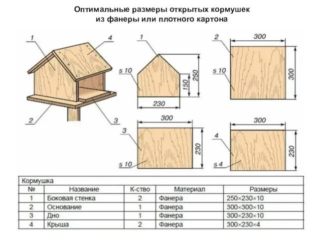 Оптимальные размеры открытых кормушек из фанеры или плотного картона