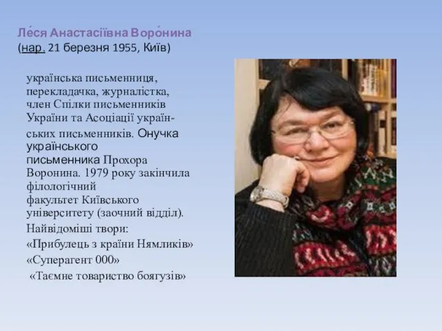 Ле́ся Анастасіївна Воро́нина (нар. 21 березня 1955, Київ) українська письменниця, перекладачка,