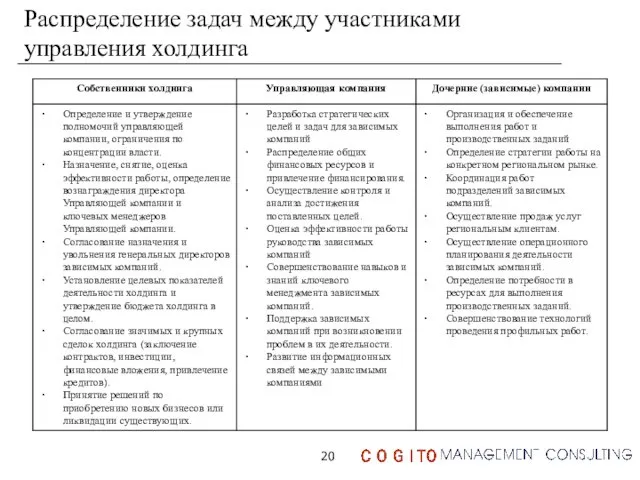 Распределение задач между участниками управления холдинга