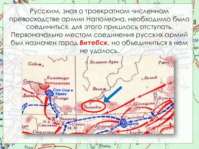 Русским, зная о троекратном численном превосходстве армии Наполеона, необходимо было соединиться,