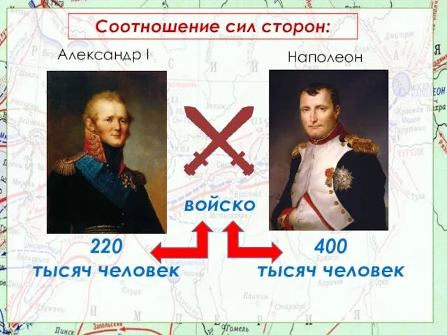 Александр I Наполеон войско 220 тысяч человек 400 тысяч человек Соотношение сил сторон: