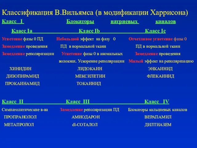 Классификация В.Вильямса (в модификации Харрисона) Класс I Блокаторы натриевых каналов Класс