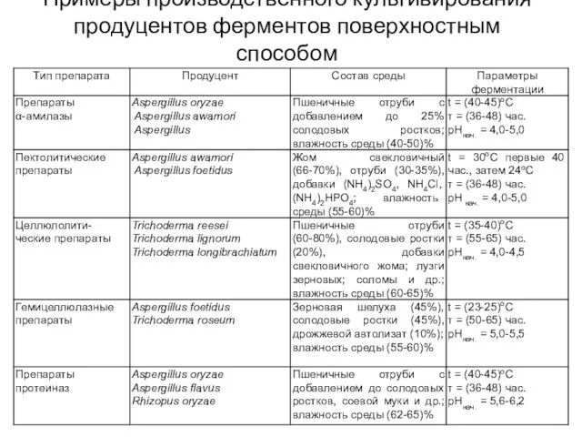 Примеры производственного культивирования продуцентов ферментов поверхностным способом