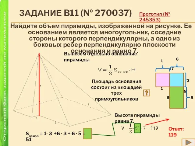 ЗАДАНИЕ B11 (№ 270037) Найдите объем пирамиды, изображенной на рисунке. Ее