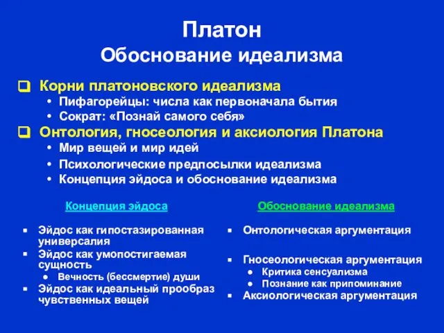 Платон Обоснование идеализма Эйдос как гипостазированная универсалия Эйдос как умопостигаемая сущность