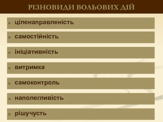 РІЗНОВИДИ ВОЛЬОВИХ ДІЙ ціленаправленість самостійність ініціативність витримка самоконтроль наполегливість рішучусть