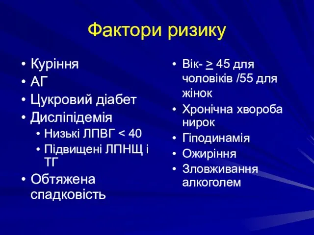 Фактори ризику Куріння АГ Цукровий діабет Дисліпідемія Низькі ЛПВГ Підвищені ЛПНЩ