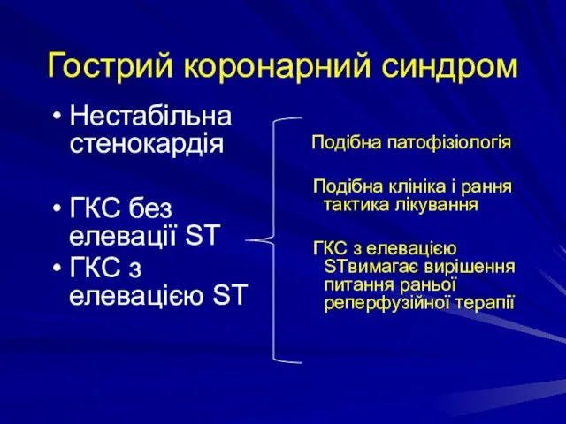 Гострий коронарний синдром Подібна патофізіологія Подібна клініка і рання тактика лікування