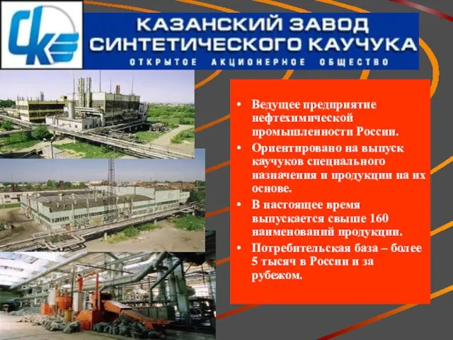 Ведущее предприятие нефтехимической промышленности России. Ориентировано на выпуск каучуков специального назначения