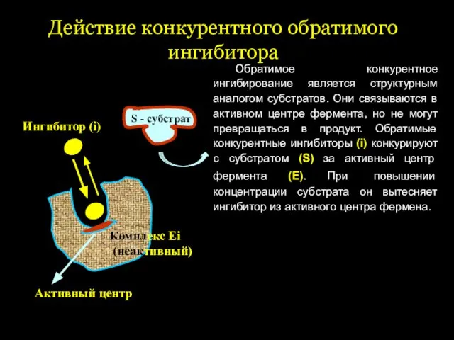 Действие конкурентного обратимого ингибитора Обратимое конкурентное ингибирование является структурным аналогом субстратов.