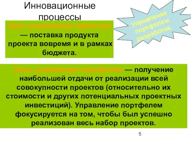 Инновационные процессы Управление портфелем разработок. Цель управления проектом — поставка продукта