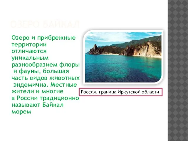 ОЗЕРО БАЙКАЛ Озеро и прибрежные территории отличаются уникальным разнообразием флоры и