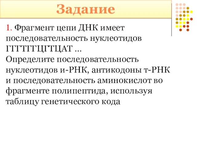 Задание 1. Фрагмент цепи ДНК имеет последовательность нуклеотидов ГГГТГГЦГТЦАТ … Определите