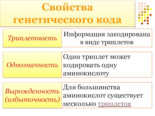 Свойства генетического кода Триплетность Информация закодирована в виде триплетов Однозначность Один