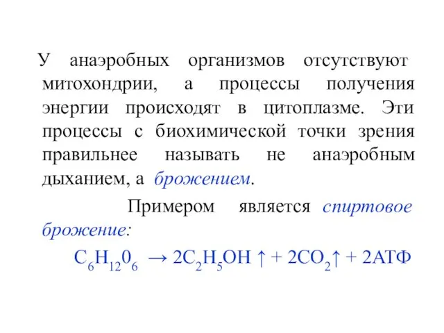 У анаэробных организмов отсутствуют митохондрии, а процессы получения энергии происходят в