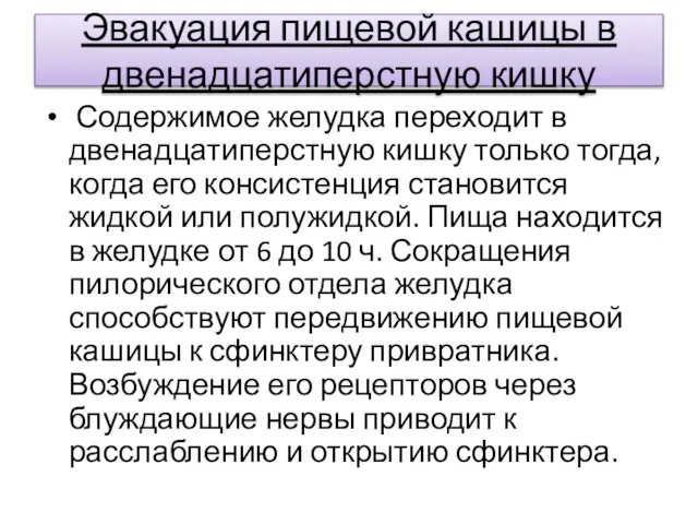 Эвакуация пищевой кашицы в двенадцатиперстную кишку Содержимое желудка переходит в двенадцатиперстную