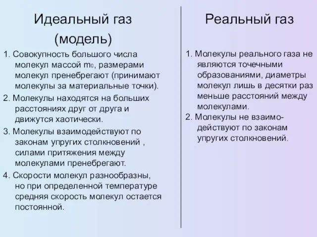 Идеальный газ (модель) 1. Совокупность большого числа молекул массой m0, размерами