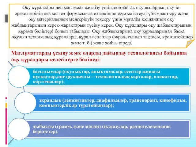 Оқу құралдары деп мағлұмат жеткізу үшін, сондай-ақ оқушылардың оқу іс-әрекеттерінің кез