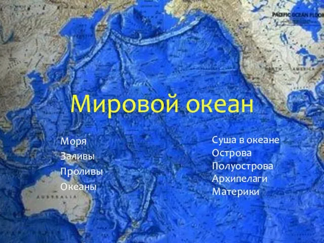 Мировой океан Моря Заливы Проливы Океаны Суша в океане Острова Полуострова Архипелаги Материки