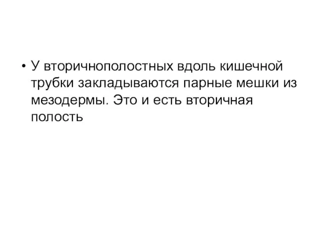 У вторичнополостных вдоль кишечной трубки закладываются парные мешки из мезодермы. Это и есть вторичная полость