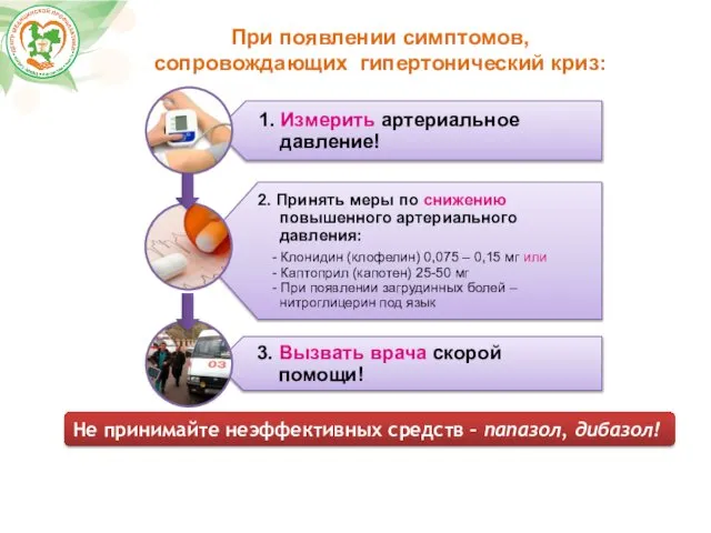 При появлении симптомов, сопровождающих гипертонический криз: 1. Измерить артериальное давление! 2.