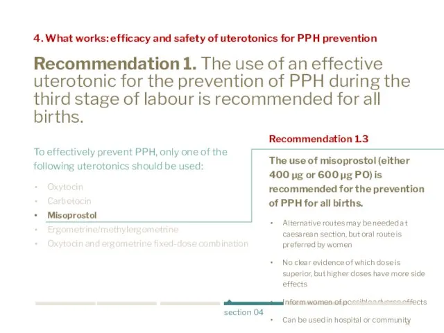 Recommendation 1. The use of an effective uterotonic for the prevention