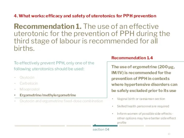 Recommendation 1. The use of an effective uterotonic for the prevention