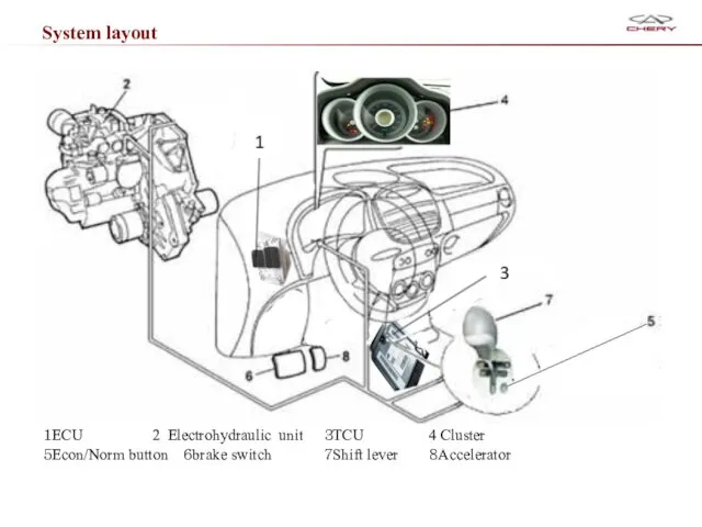 System layout １ECU 2 Electrohydraulic unit ３TCU 4 Cluster ５Econ/Norm button ６brake switch ７Shift lever ８Accelerator