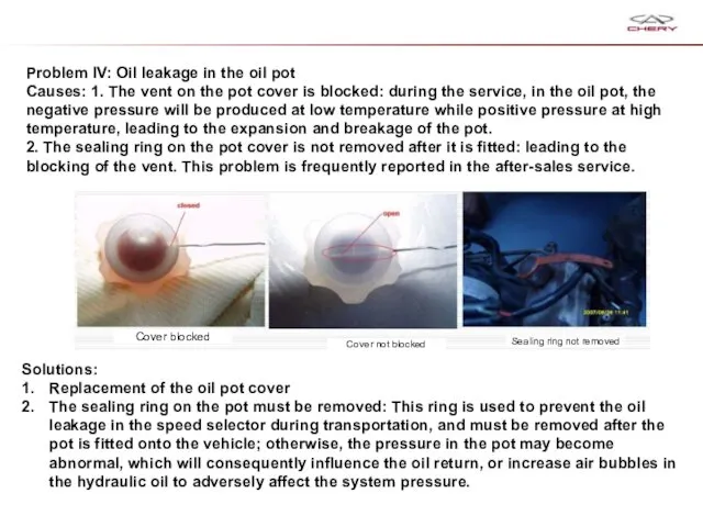 Problem IV: Oil leakage in the oil pot Causes: 1. The