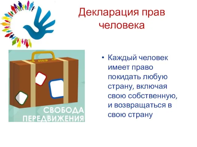 Декларация прав человека Каждый человек имеет право покидать любую страну, включая