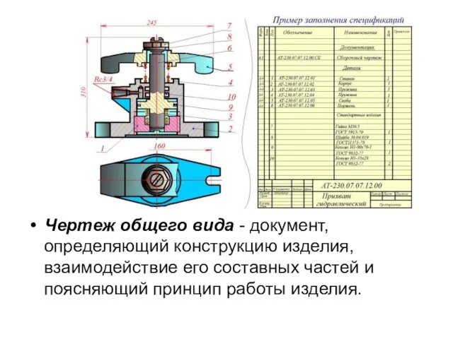 Чертеж общего вида - документ, определяющий конструкцию изделия, взаимодействие его составных