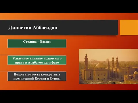 Династия Аббасидов Столица – Багдад Усиленное влияние исламского права в Арабском