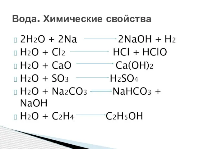 2H2O + 2Na 2NaOH + H2 H2O + Cl2 HCl +