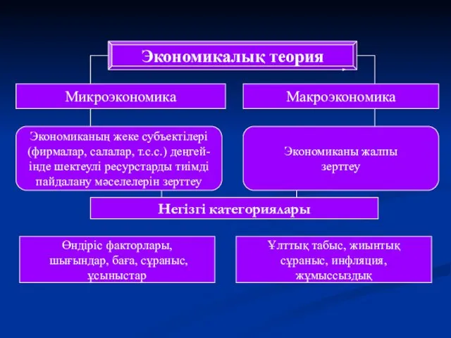 Экономикалық теория Микроэкономика Макроэкономика Экономиканың жеке субъектілері (фирмалар, салалар, т.с.с.) деңгей-