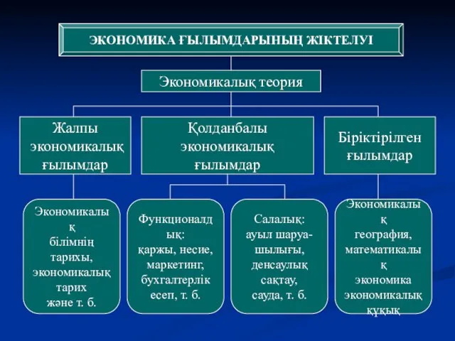 ЭКОНОМИКА ҒЫЛЫМДАРЫНЫҢ ЖІКТЕЛУІ Экономикалық теория Жалпы экономикалық ғылымдар Қолданбалы экономикалық ғылымдар