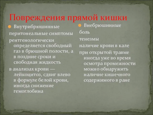 Повреждения прямой кишки Внутрибрюшинные перитонеальные симптомы рентгенологически определяется свободный газ в