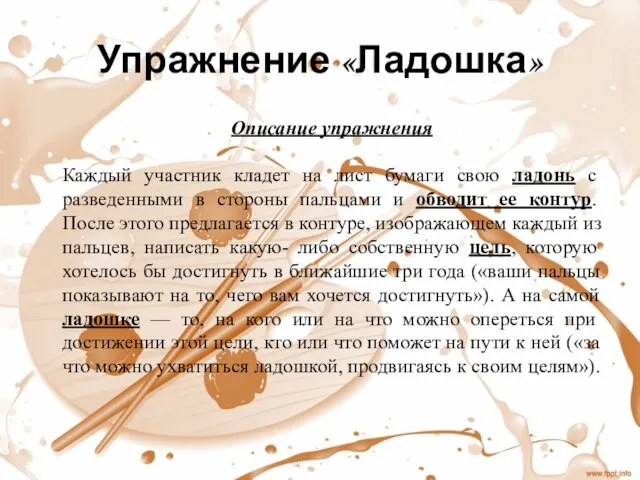 Упражнение «Ладошка» Описание упражнения Каждый участник кладет на лист бумаги свою