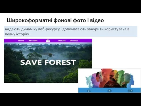 Широкоформатні фонові фото і відео надають динаміку веб-ресурсу і допомагають занурити користувача в певну історію.