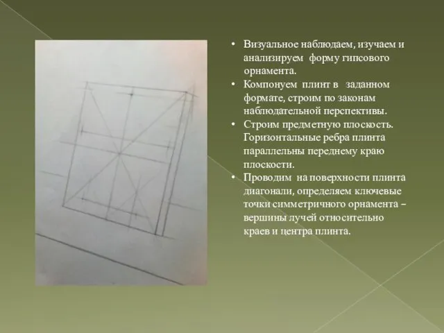 Визуальное наблюдаем, изучаем и анализируем форму гипсового орнамента. Компонуем плинт в