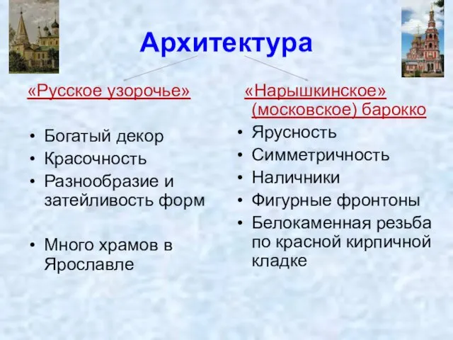 Архитектура «Русское узорочье» Богатый декор Красочность Разнообразие и затейливость форм Много