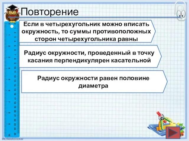 Повторение Если в четырехугольник можно вписать окружность, то суммы противоположных сторон