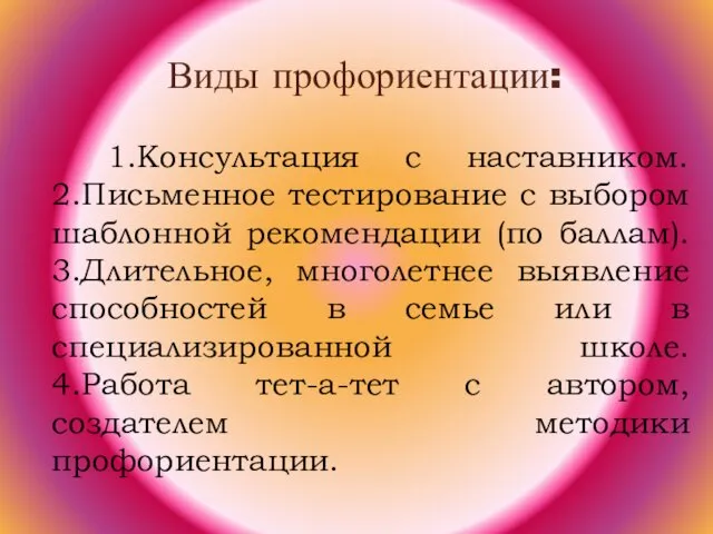 Виды профориентации: 1.Консультация с наставником. 2.Письменное тестирование с выбором шаблонной рекомендации