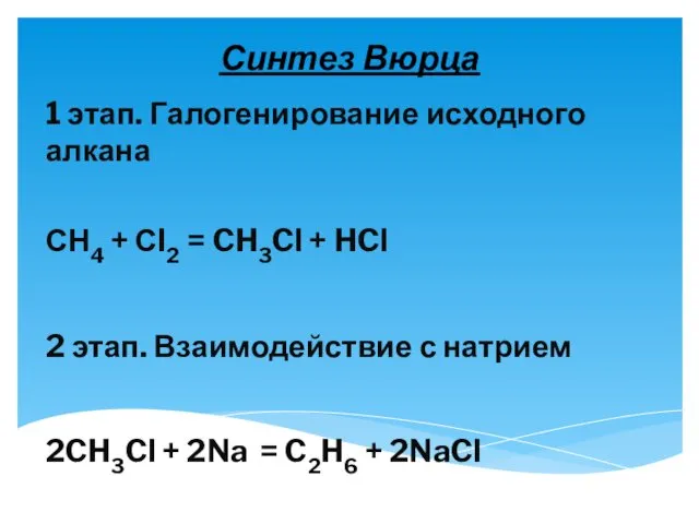 Синтез Вюрца 1 этап. Галогенирование исходного алкана СН4 + Сl2 =