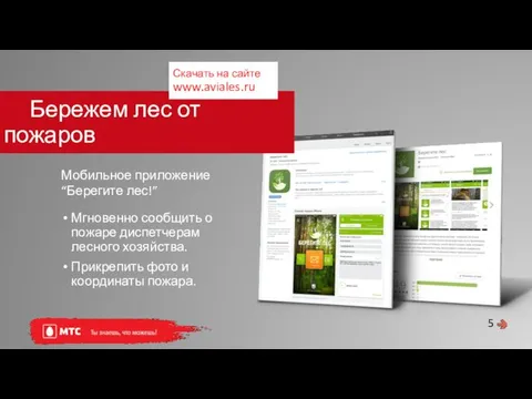 5 Бережем лес от пожаров Мгновенно сообщить о пожаре диспетчерам лесного