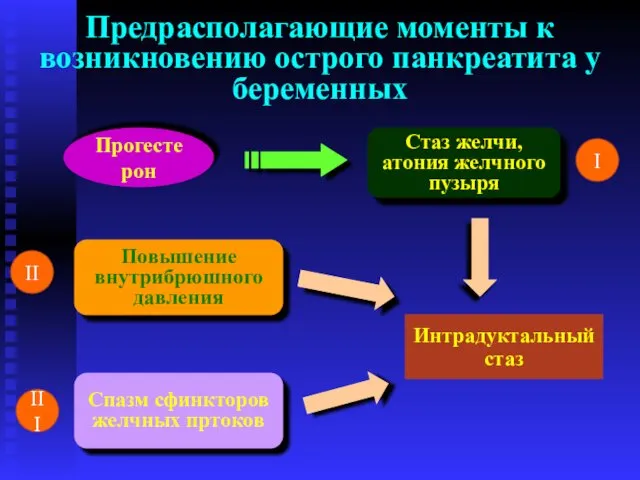 Предрасполагающие моменты к возникновению острого панкреатита у беременных Прогестерон Повышение внутрибрюшного