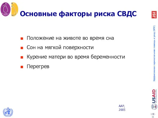 Основные факторы риска СВДС Положение на животе во время сна Сон