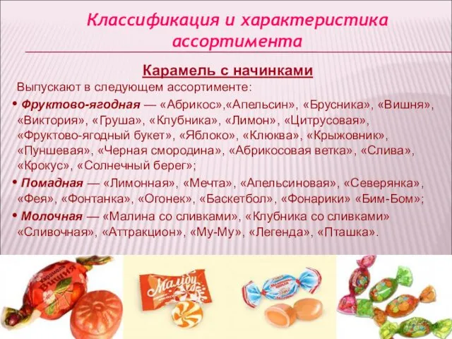 Классификация и характеристика ассортимента Карамель с начинками Выпускают в следующем ассортименте: